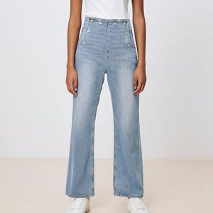 Zara Basic High Waist Wide Leg Denim Sailor Pearl Snap Jeans Sz 2